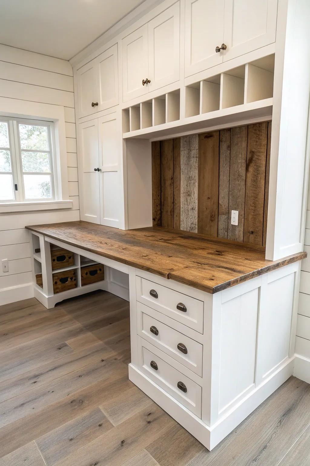 Reclaimed-wood mudroom corner desk with cubby drop-zone storage—rugged, minimal, and warm.