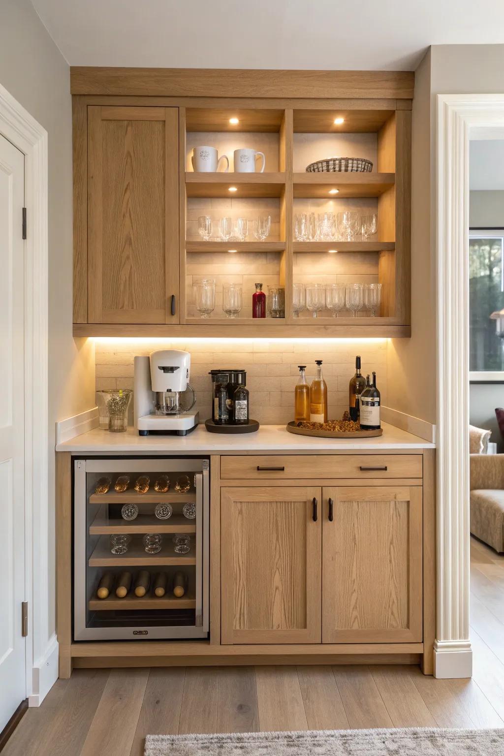 A built-in dry bar that shifts from coffee to cocktails—two tidy zones, one stunning nook.
