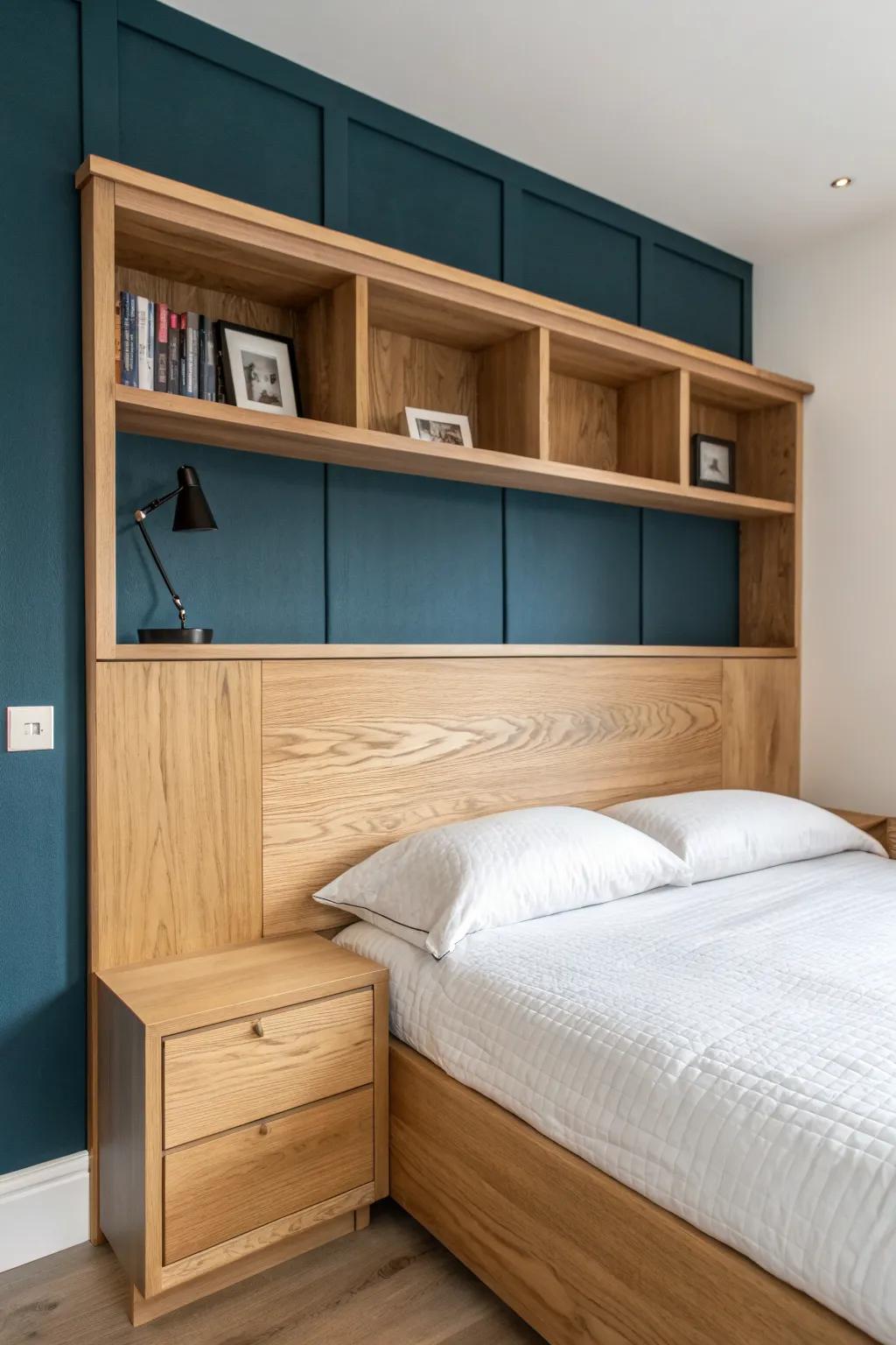 Wraparound built-in headboard + slim corner shelf—turn a corner bed into a calm custom alcove.