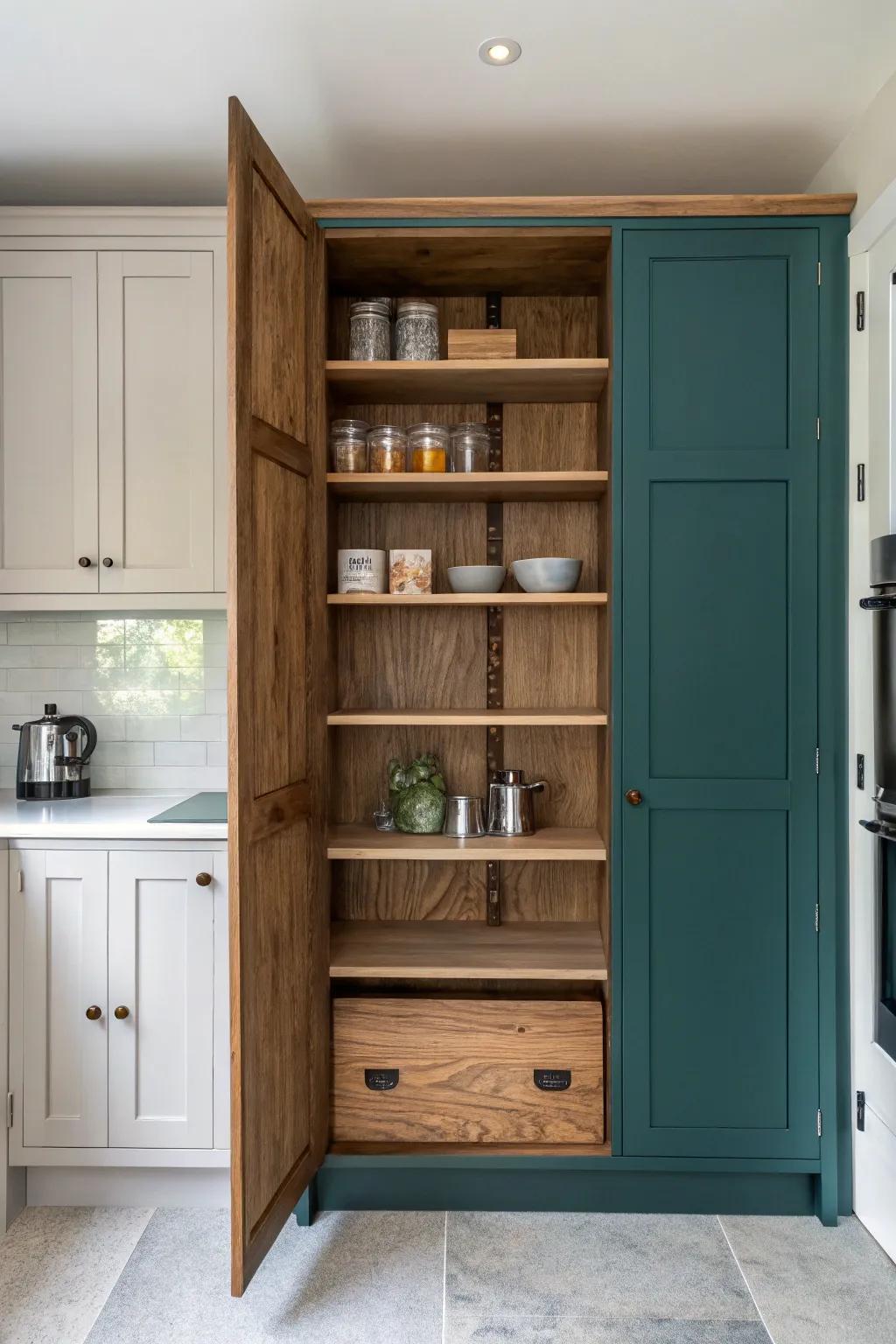 A built-in pantry that feels bespoke—reclaimed wood, matte metal, and a jewel-tone resin ledge.