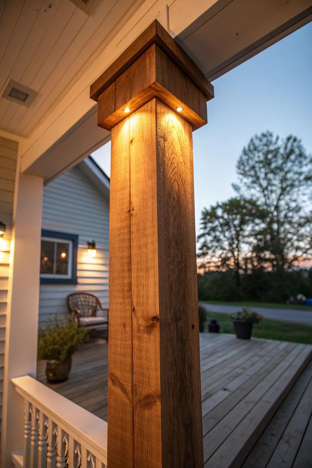 Warm dusk lighting makes bungalow wood columns glow—texture, craft, and cozy contrast.