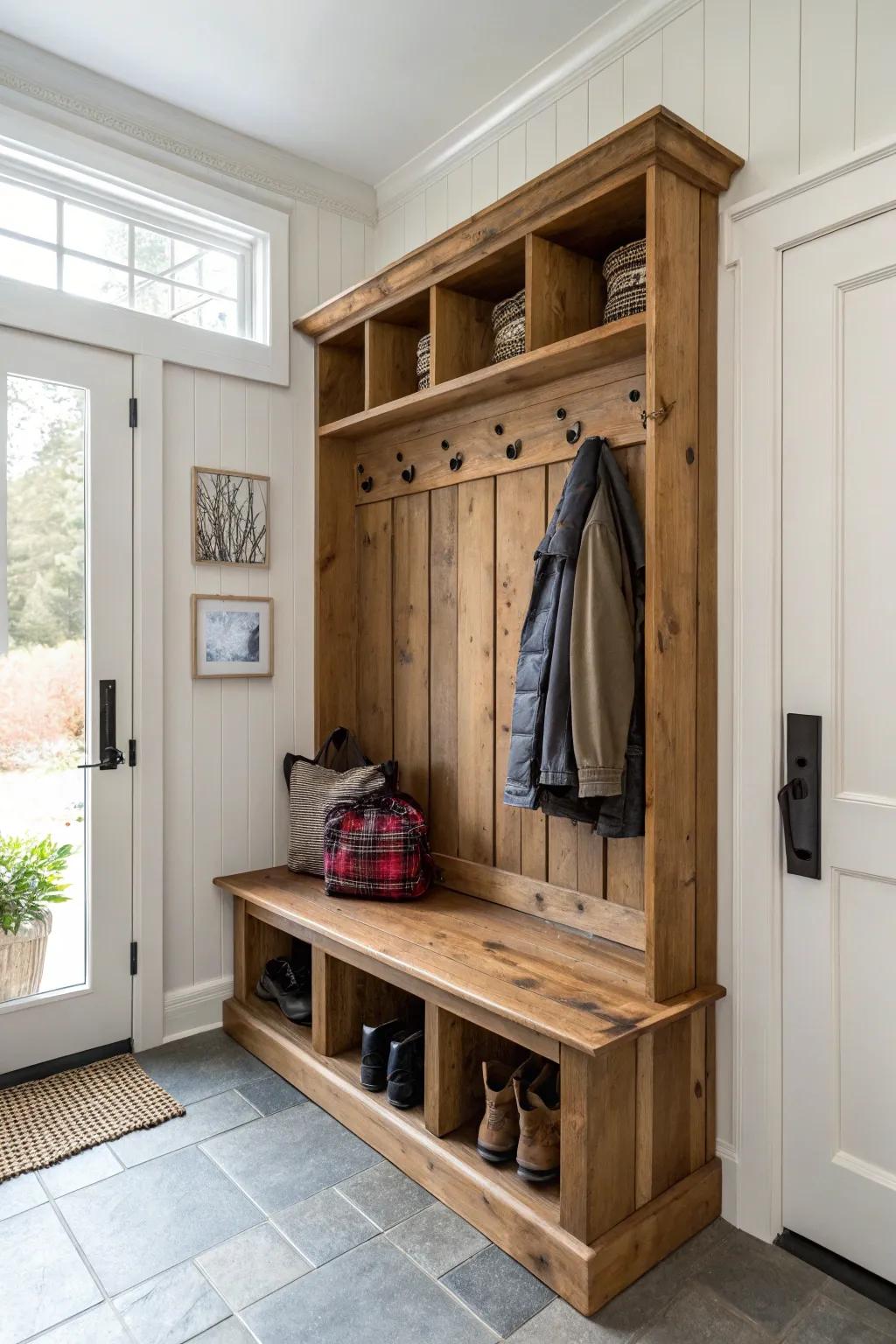 Slim reclaimed-wood entry bench with hooks—bungalow storage that feels airy and warm.