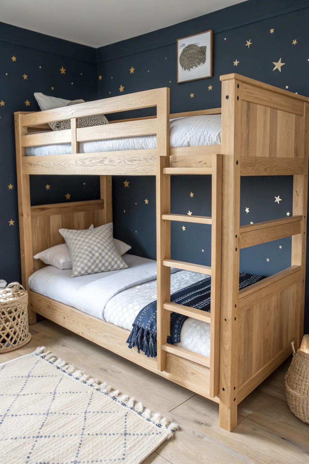Deep navy night-sky nook: oak bunk bed with subtle star accents for boutique sleep-cabin vibes.
