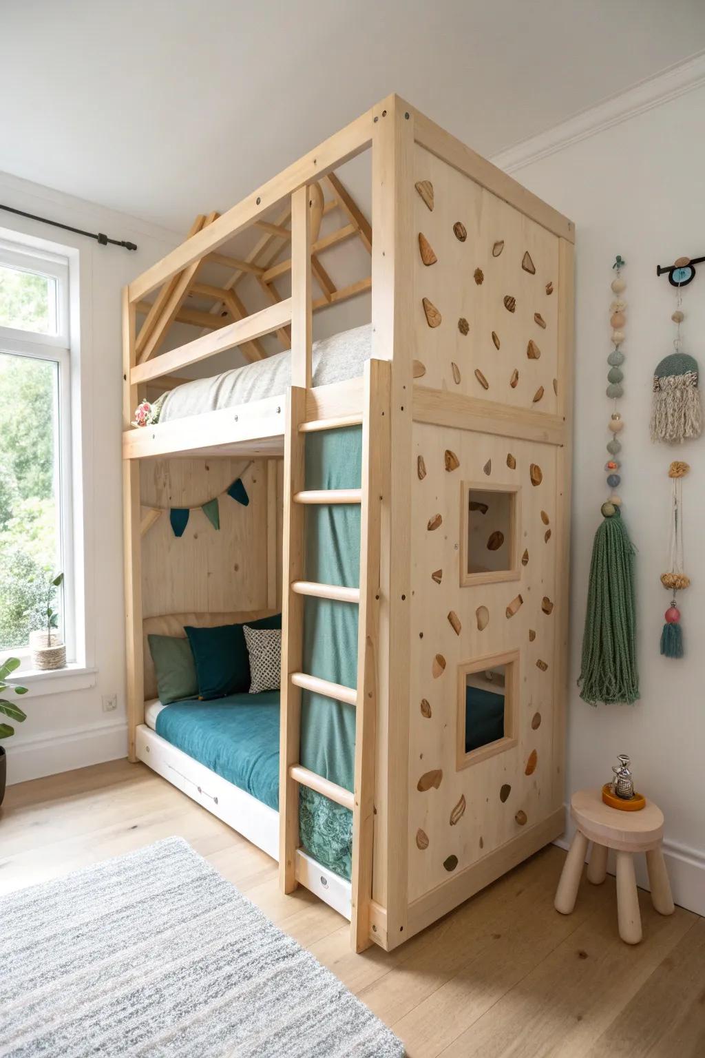 Mini climbing wall access turns a bunk bed fort into a sleek, active play zone with bold color.