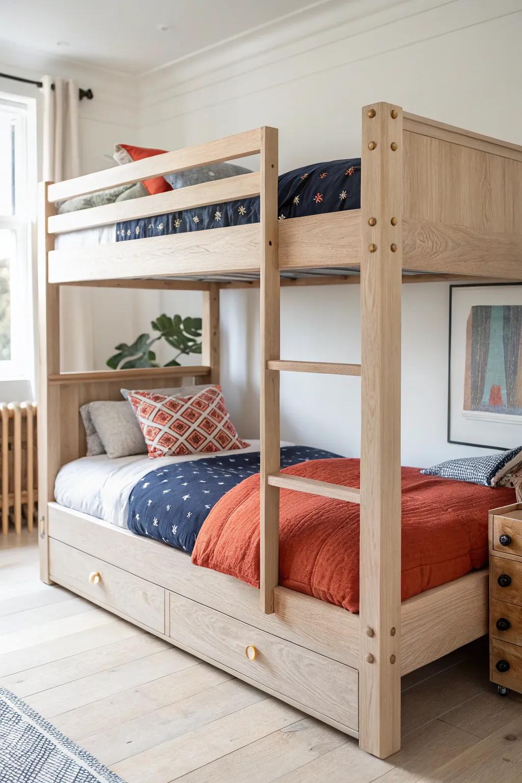 Convertible oak bunk with bolt-together posts—splits into two twins as siblings grow and rooms change.