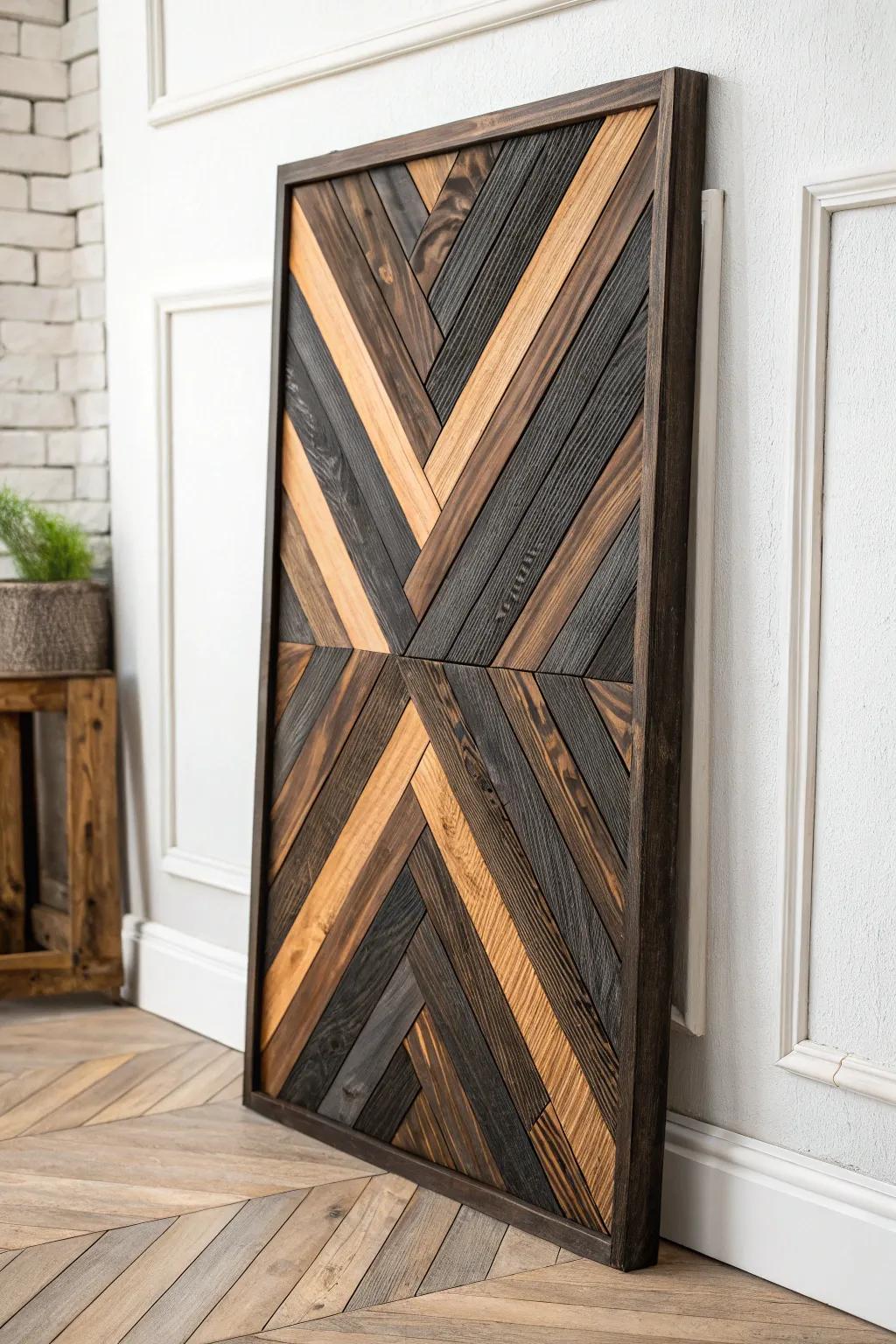 Charred wood mosaic panel with shou sugi ban texture—bold contrast, clean lines, artisan feel.