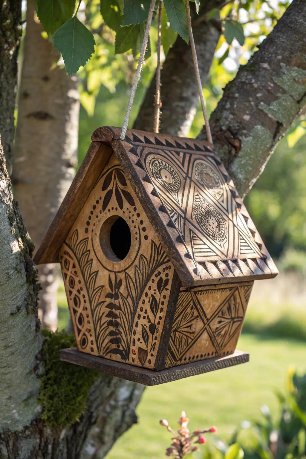 Invite nature's melody with this artisan burnt wood birdhouse, where craftsmanship meets charm.