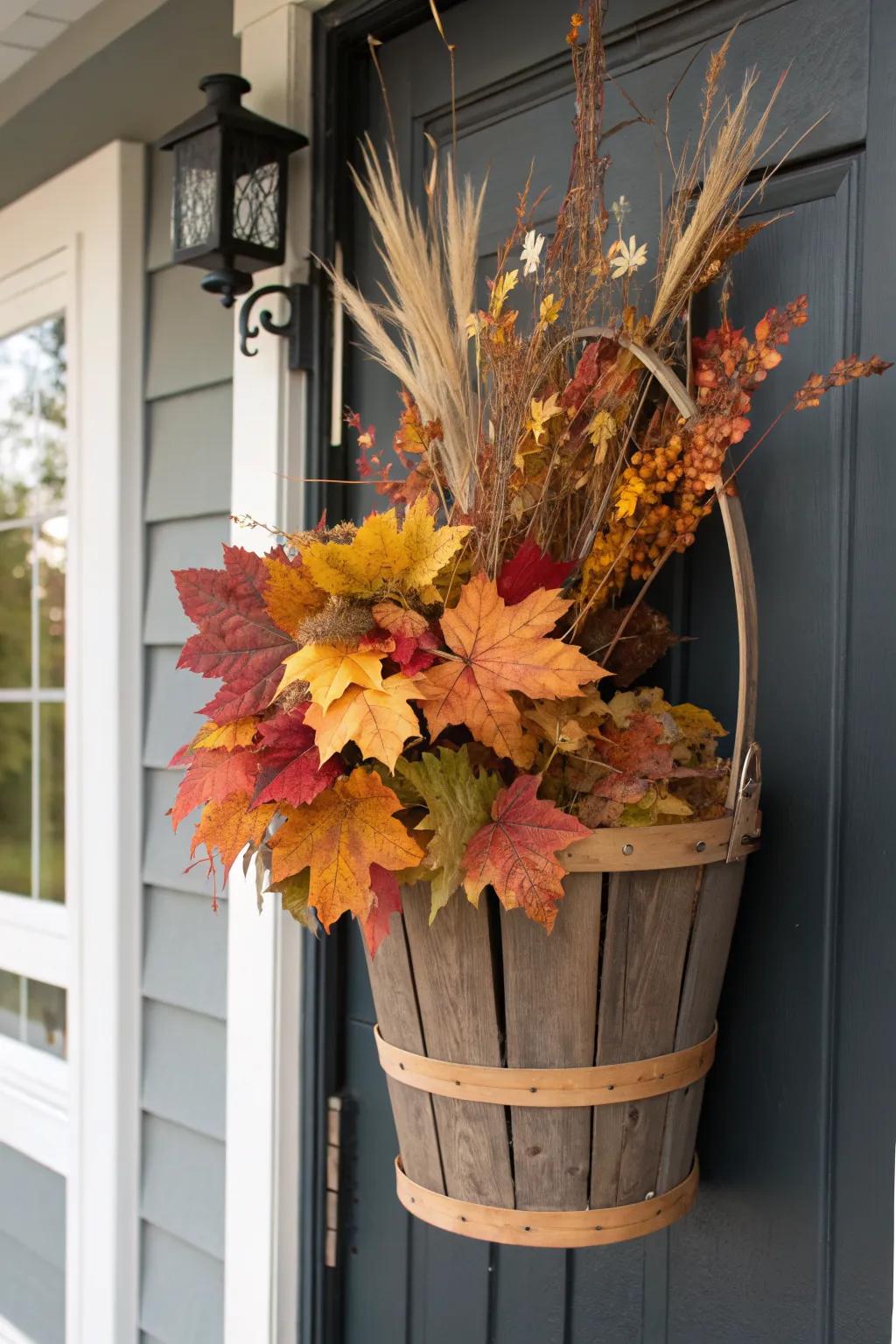 Bushel basket door swag: bold fall leaves now, easy to swap for pine or spring stems later.