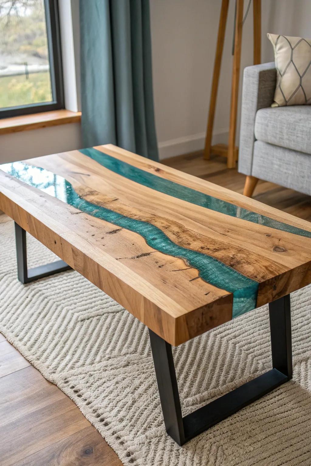 End-grain butcher block with a deep teal resin river—minimal, bold, and handcrafted.