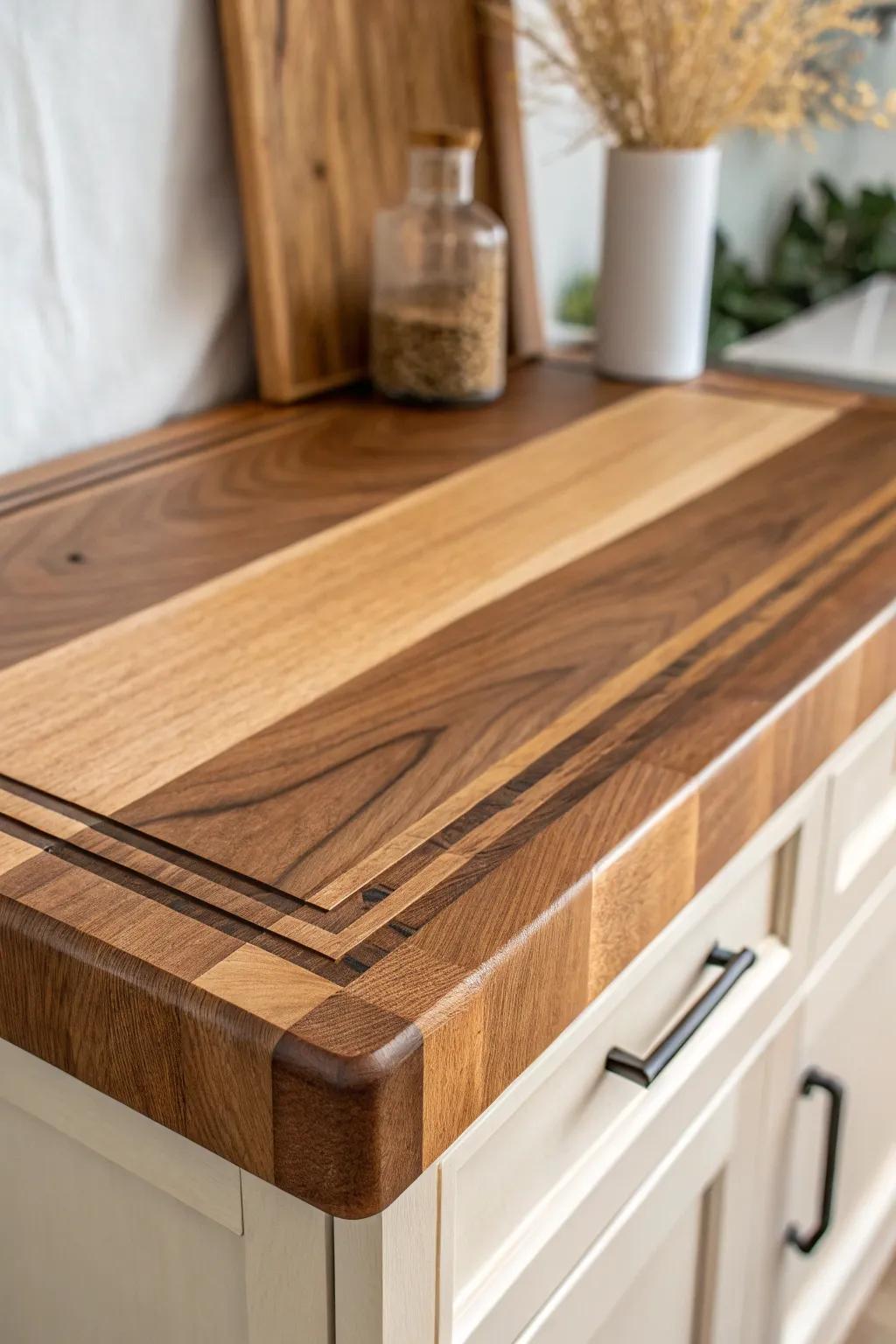 Slim walnut inlay on warm planks adds quiet cabin pattern—craftsmanship without clutter.