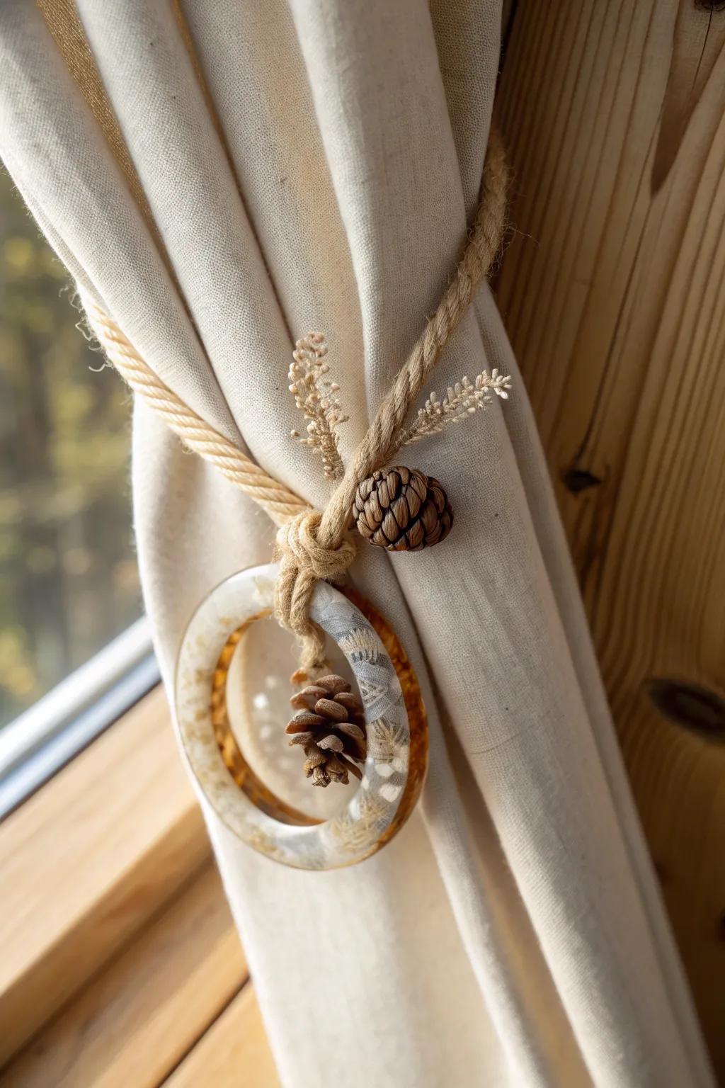 Glossy resin tie-back with embedded twigs—minimal cabin style with a bold, handmade wow moment.