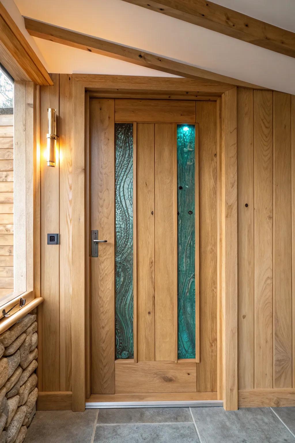 A cabin door that glows: a teal resin “river” window with warm backlight for wow-factor charm.