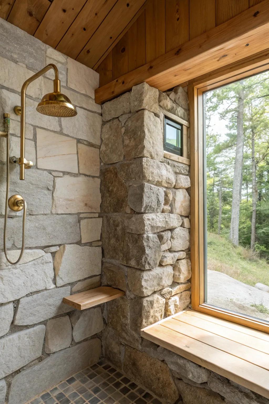 Stone half wall + open top: airy cabin privacy with a wide oak cap ledge for essentials.