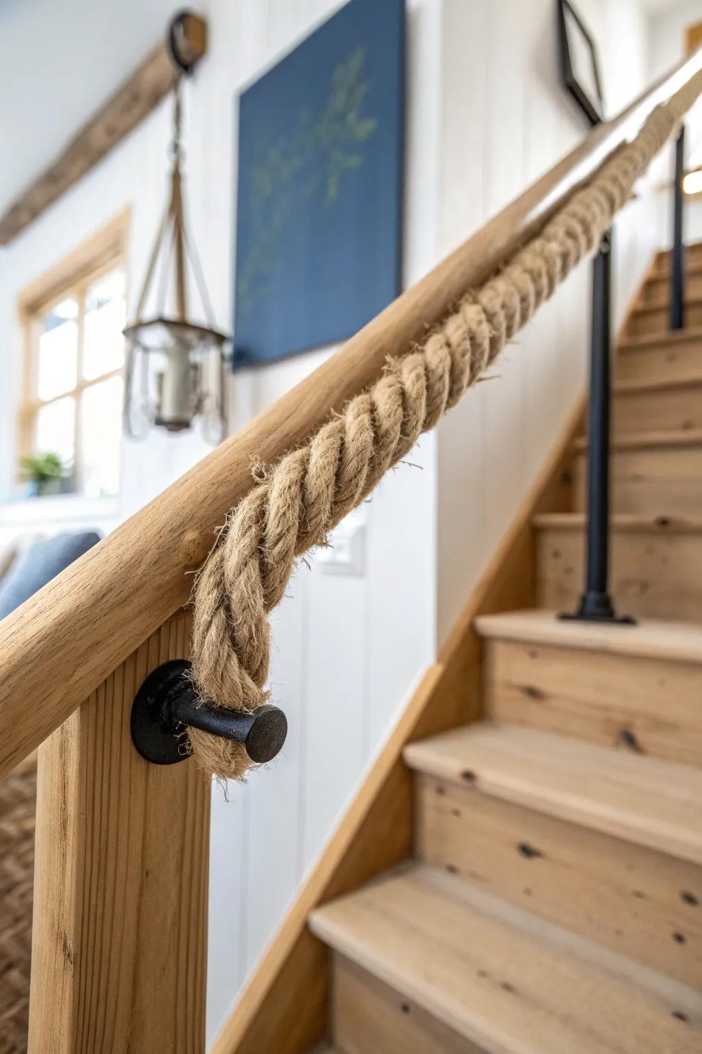 Thick rope handrail on oak posts adds a nautical-cabin twist with cozy, handcrafted texture.