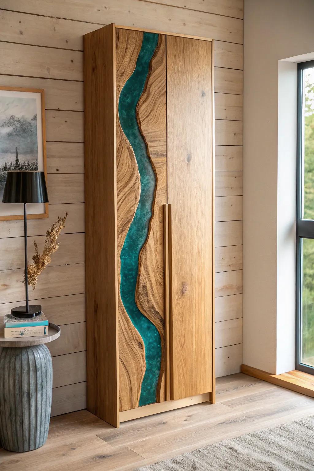 A sleek slab door with teal resin river + brushed brass trim—minimal, bold, and luxe.