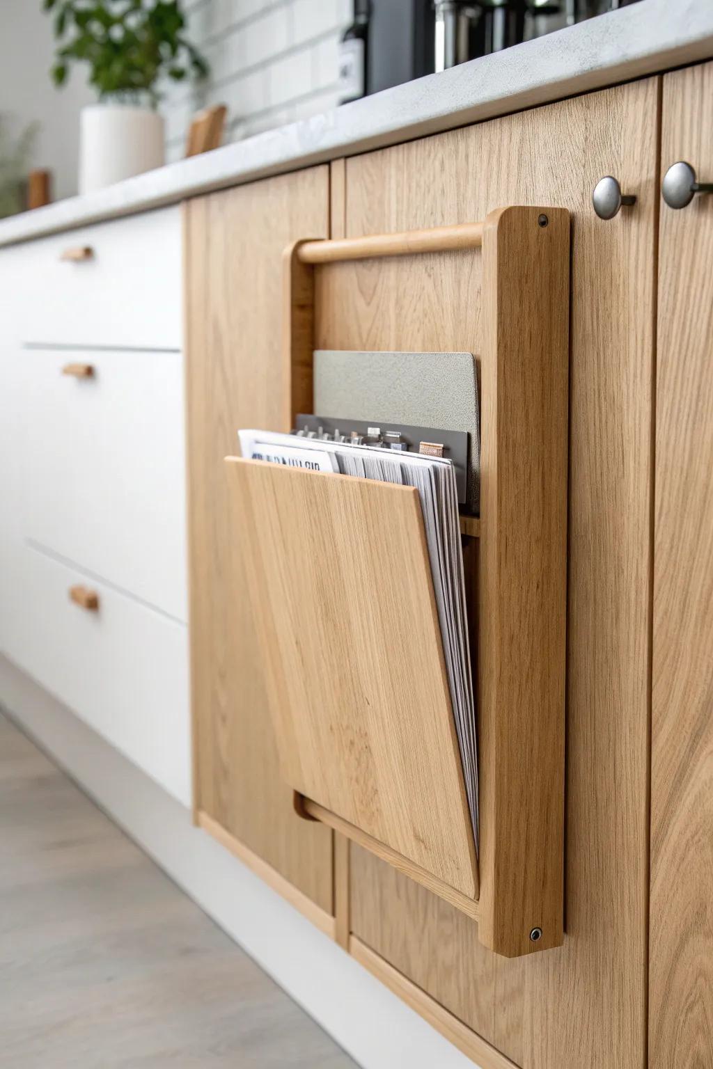 Slim birch plywood door pocket keeps recipes and manuals tidy—minimal, warm, and made to last.