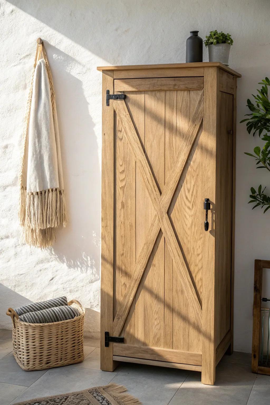 Bold X-brace farmhouse cabinet front—clean Scandinavian lines with a softly distressed touch.