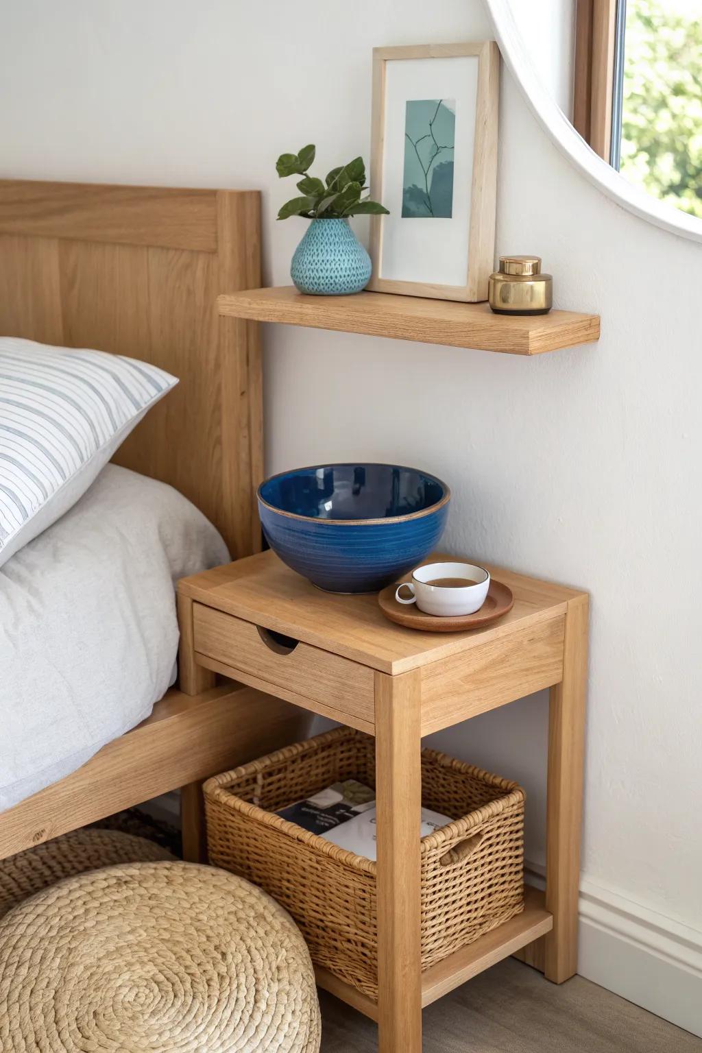 A hidden triangle vanity shelf turns caddy-corner bed “dead space” into a chic nook.