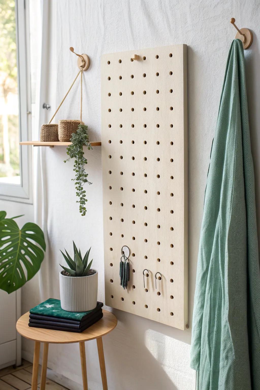 Removable birch pegboard panel turns a camper cabinet wall into flexible, stylish storage.