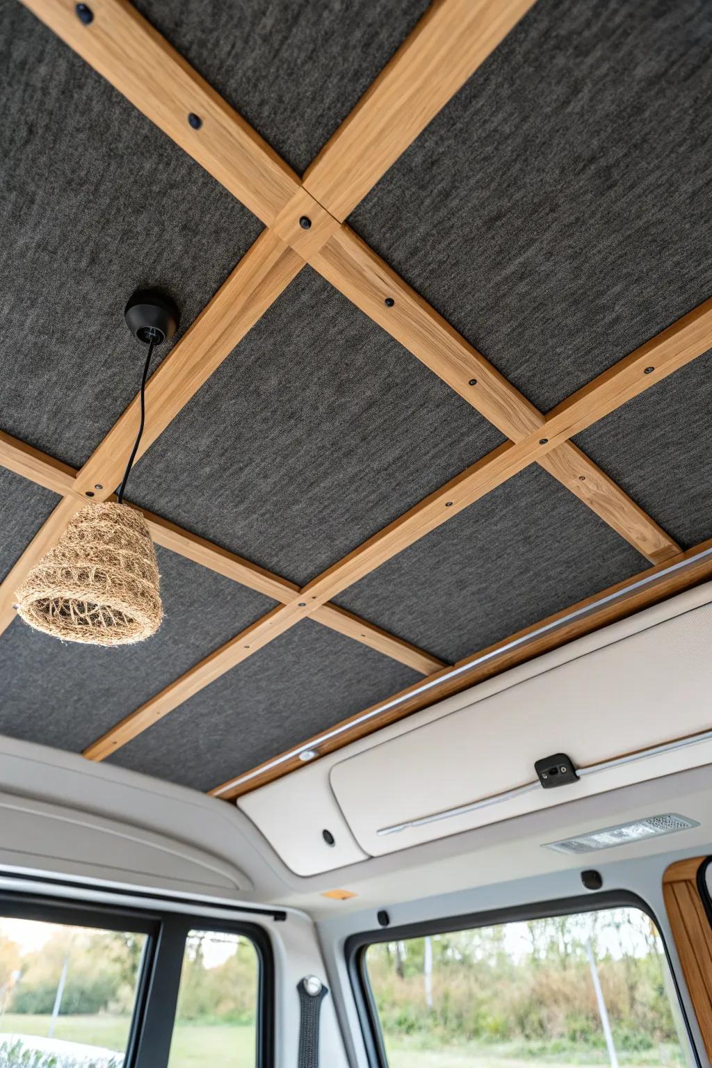 Modern campervan ceiling: acoustic panels framed in oak battens for quiet, cabin-like style.
