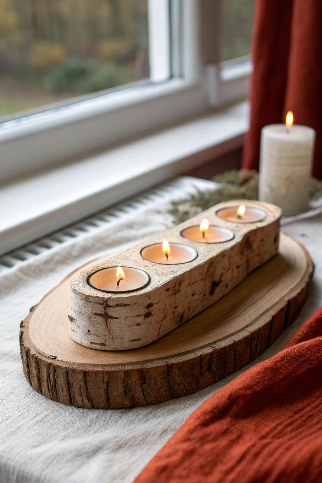 Mini birch log tea-light row on an oak tray—simple, cozy, and beautifully handcrafted.