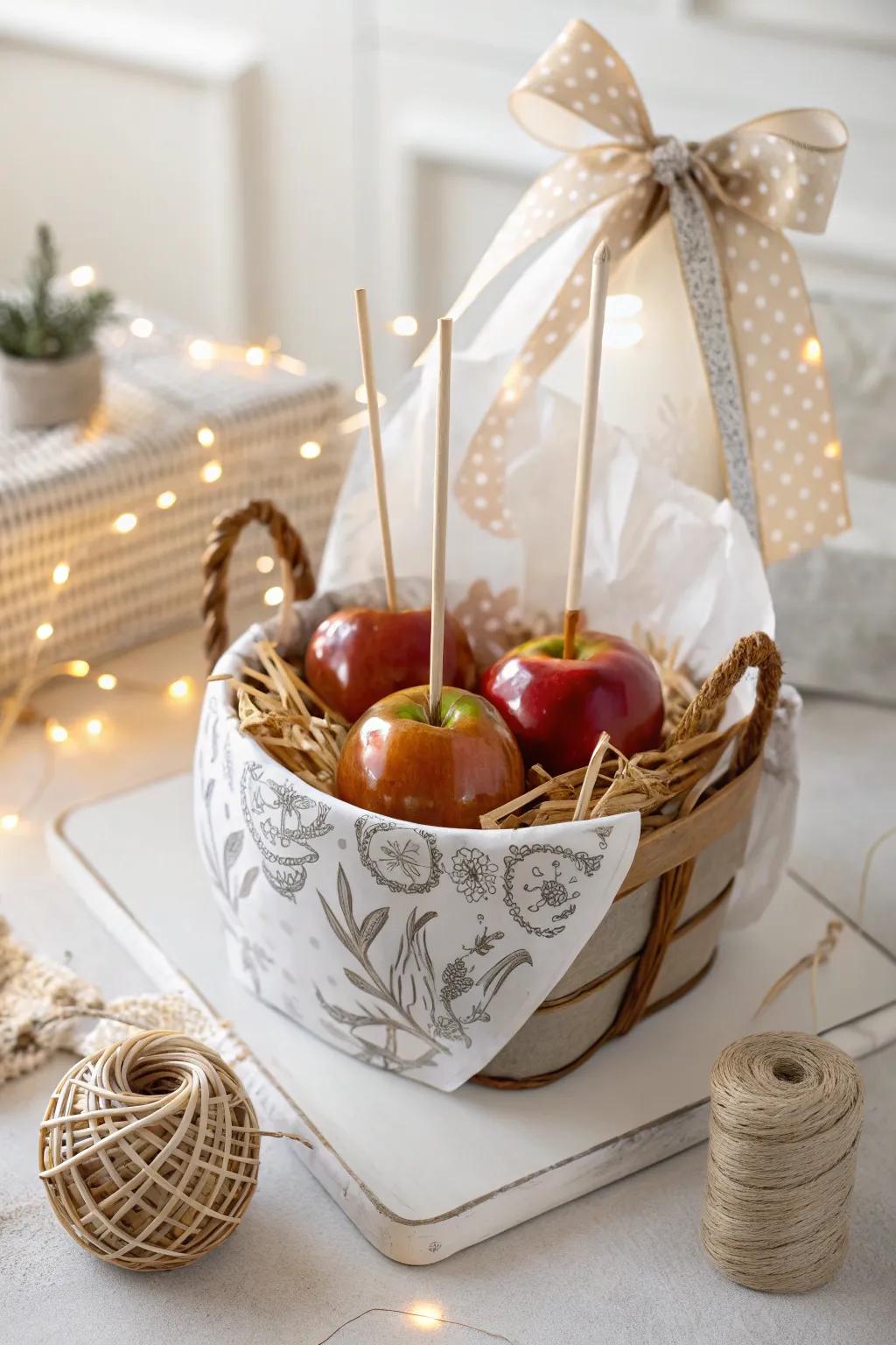 Unwrap the joy of the season with this beautifully crafted caramel apple gift basket.