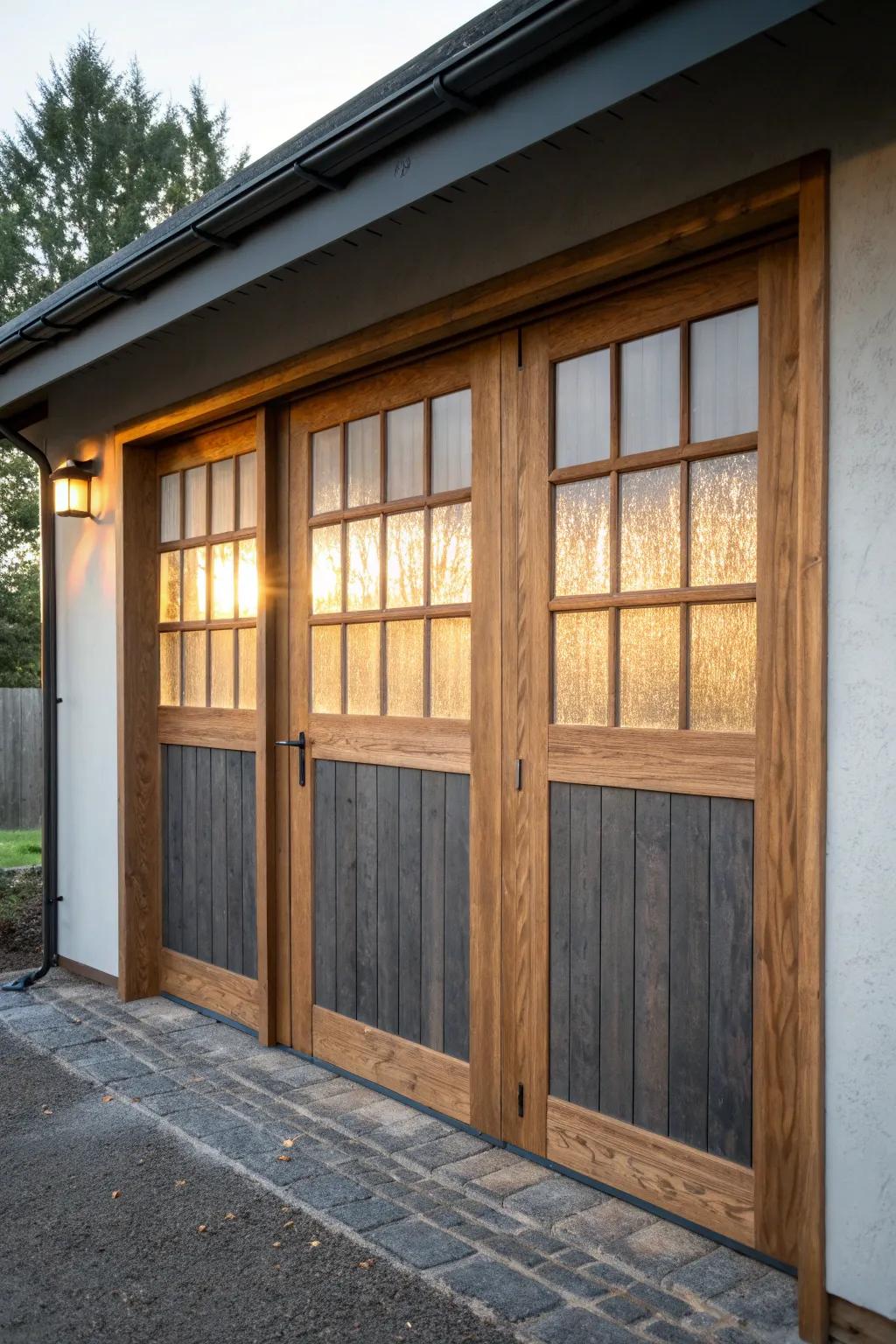 Salvaged window-grid doors add soft light, privacy, and handcrafted charm to any carport.