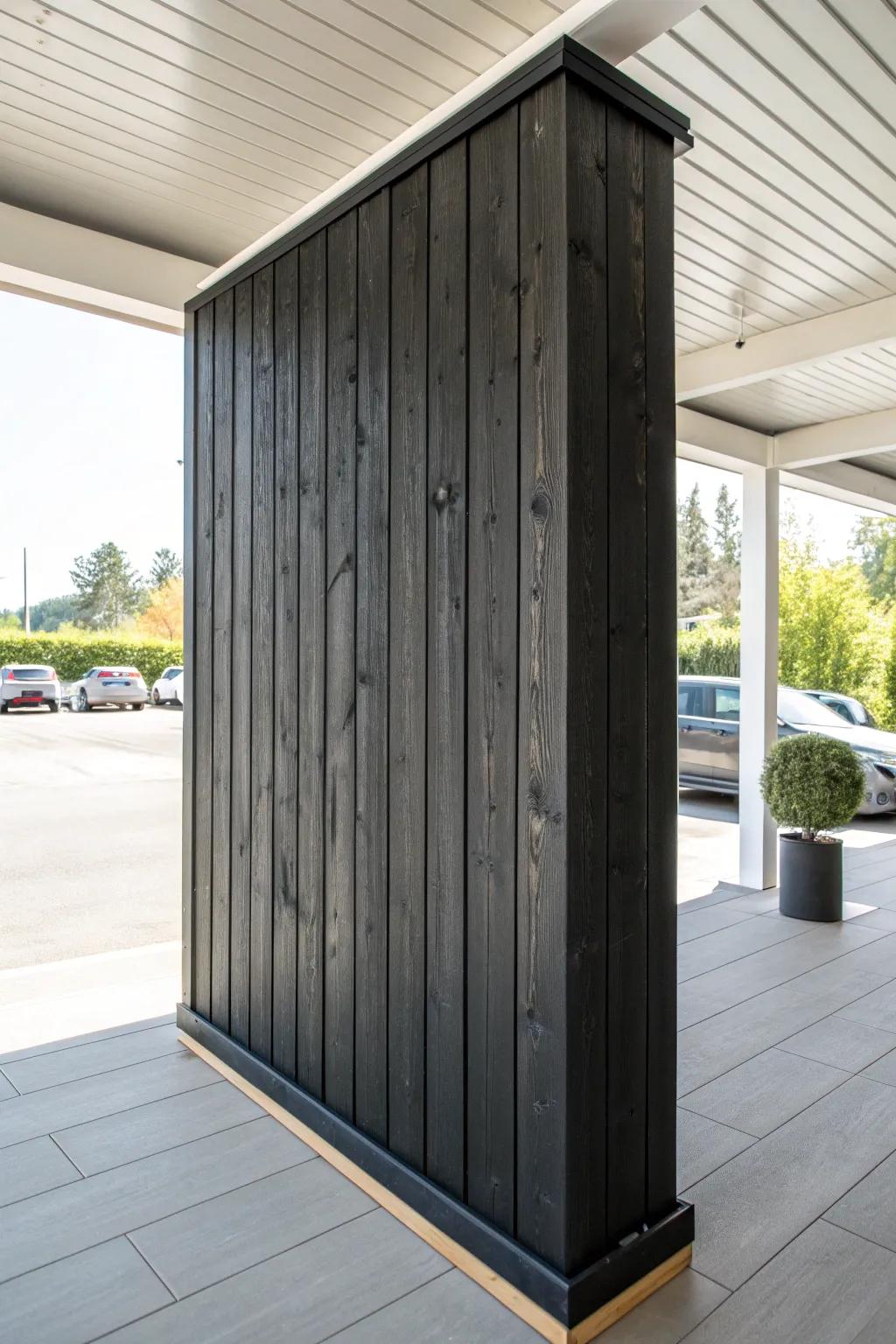 Bold charred wood wall—deep black grain, high contrast, and scuff-hiding drama for your carport.
