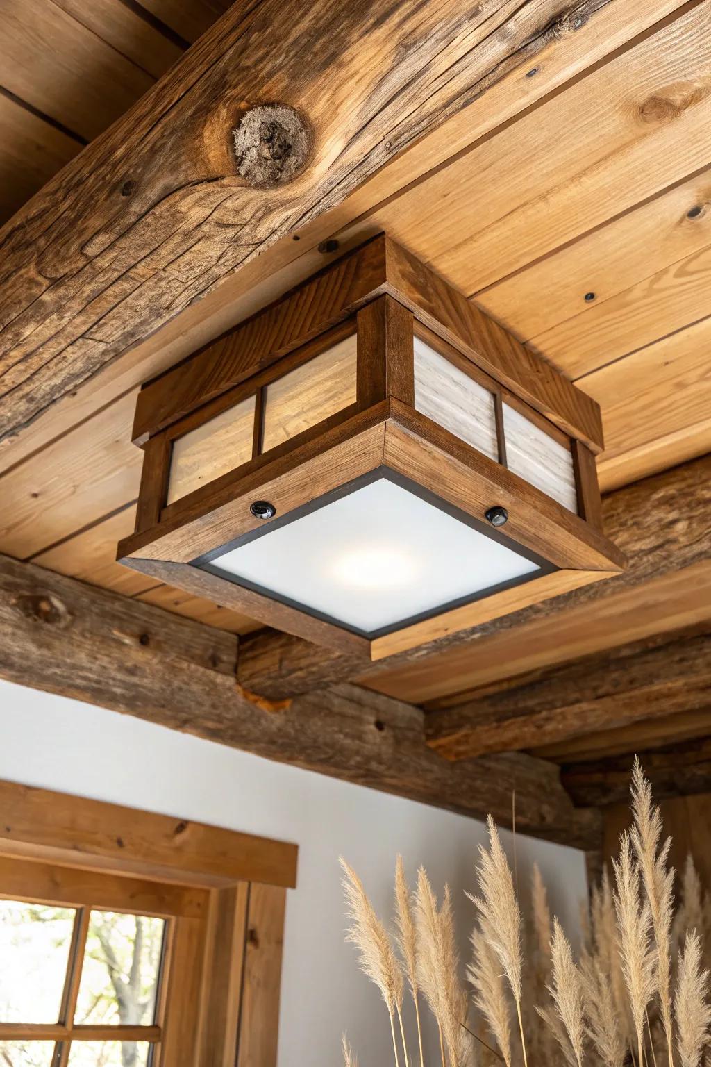 A reclaimed-wood box ceiling light with a frosted glow—low profile, big cabin charm.