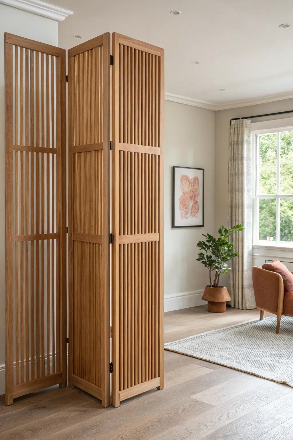 Floor-to-ceiling oak louvers: rotate for privacy, tilt for light—minimal, bold, and beautiful.