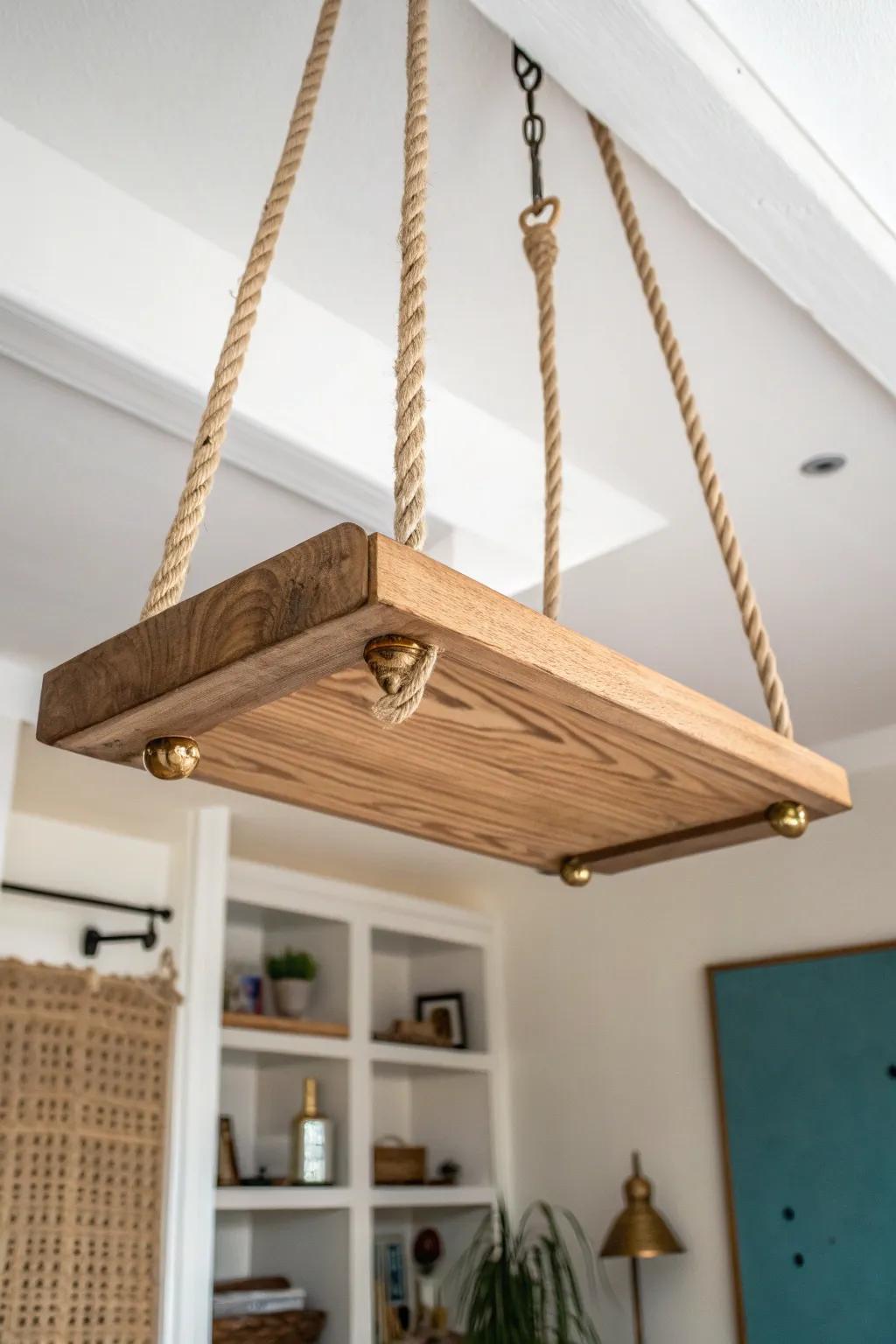 Pulley-lift ceiling shelf in warm oak—an overhead storage “elevator” with Scandinavian calm.