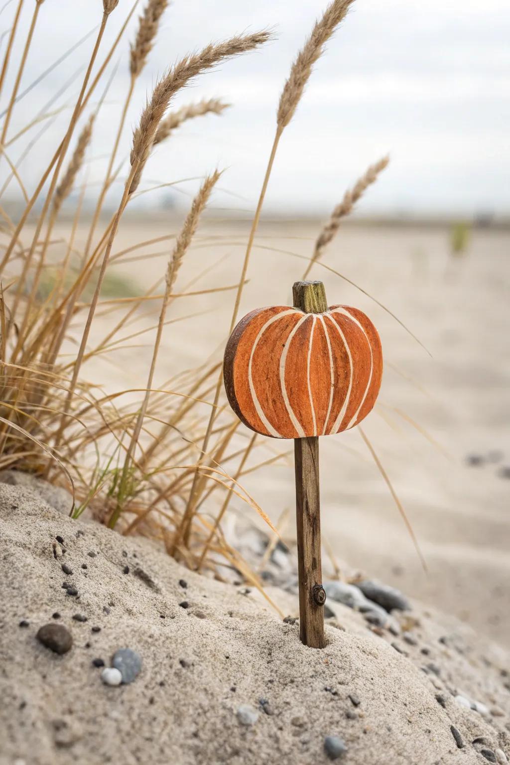 Driftwood pumpkin stake: a quirky, market-style DIY fall accent with bold color and rustic charm.