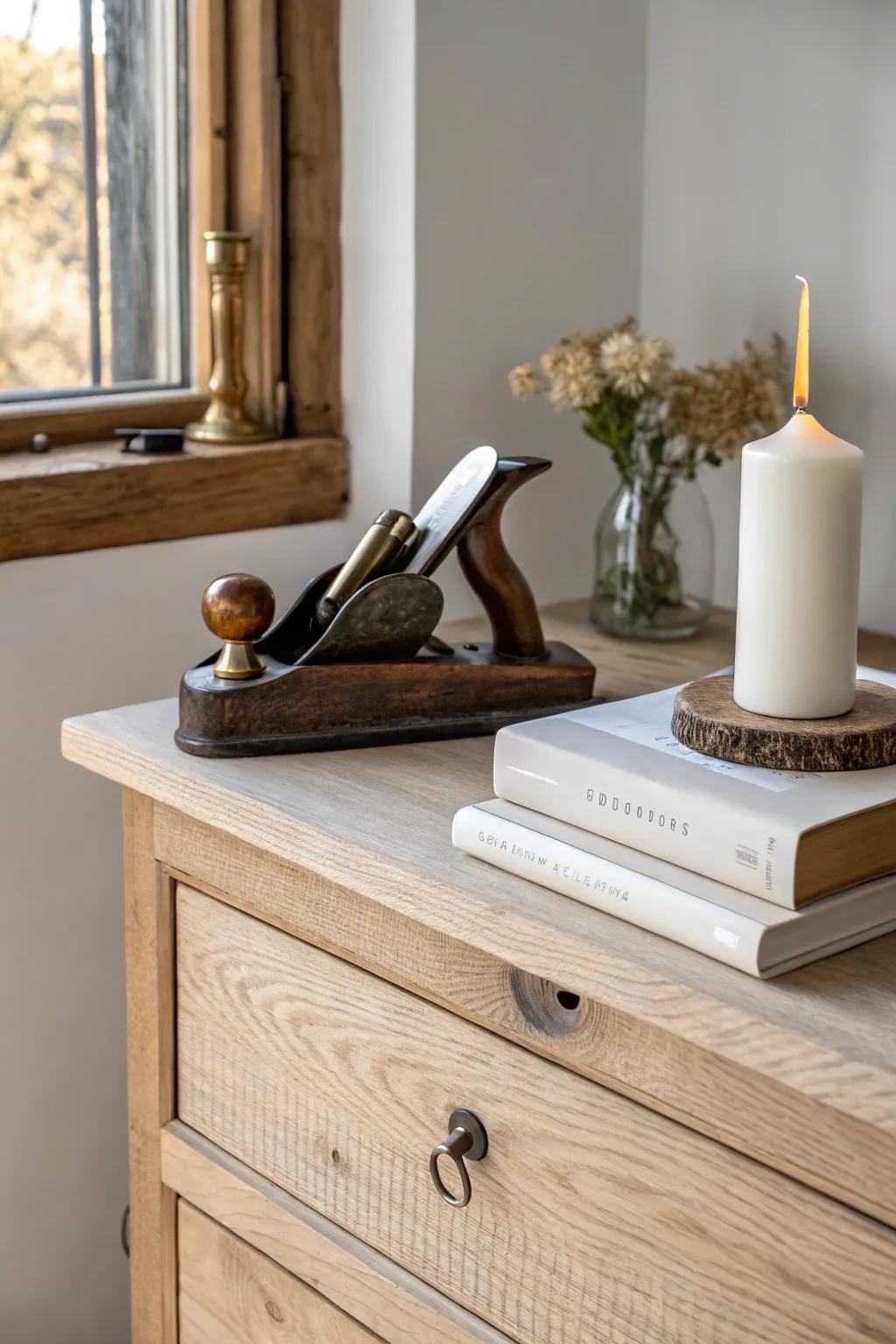 A vintage hand plane turns your chest top into a crafted, story-rich mini sculpture.