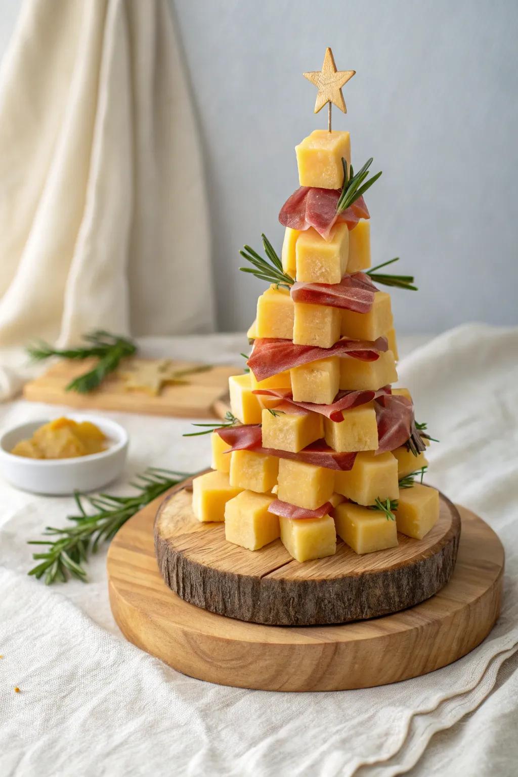 Showstopping 3D Christmas tree cheese tower on a light oak board—bold, minimal, festive.