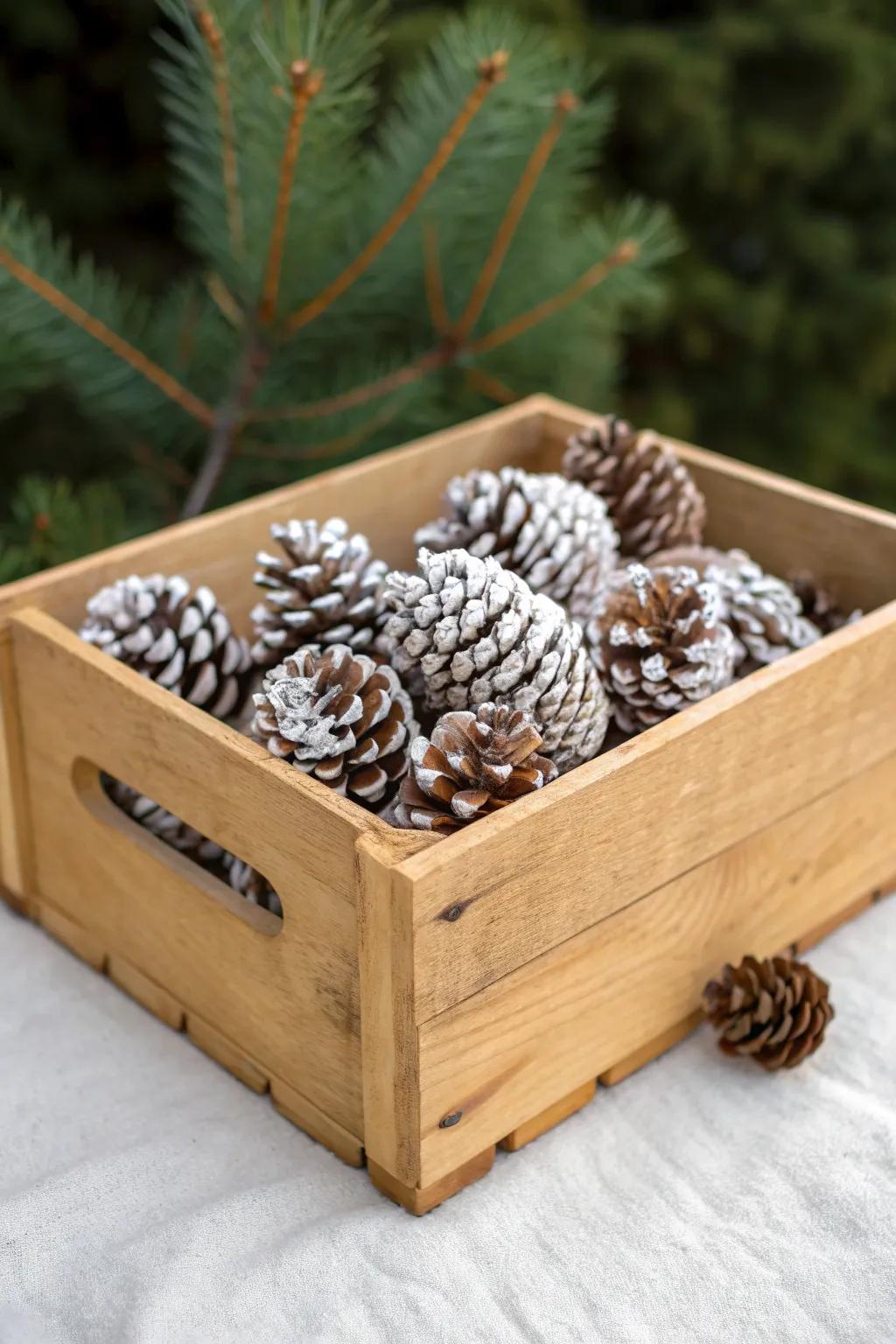 Turn a simple wood crate into a luxe winter snowdrift with softly flocked pinecones.