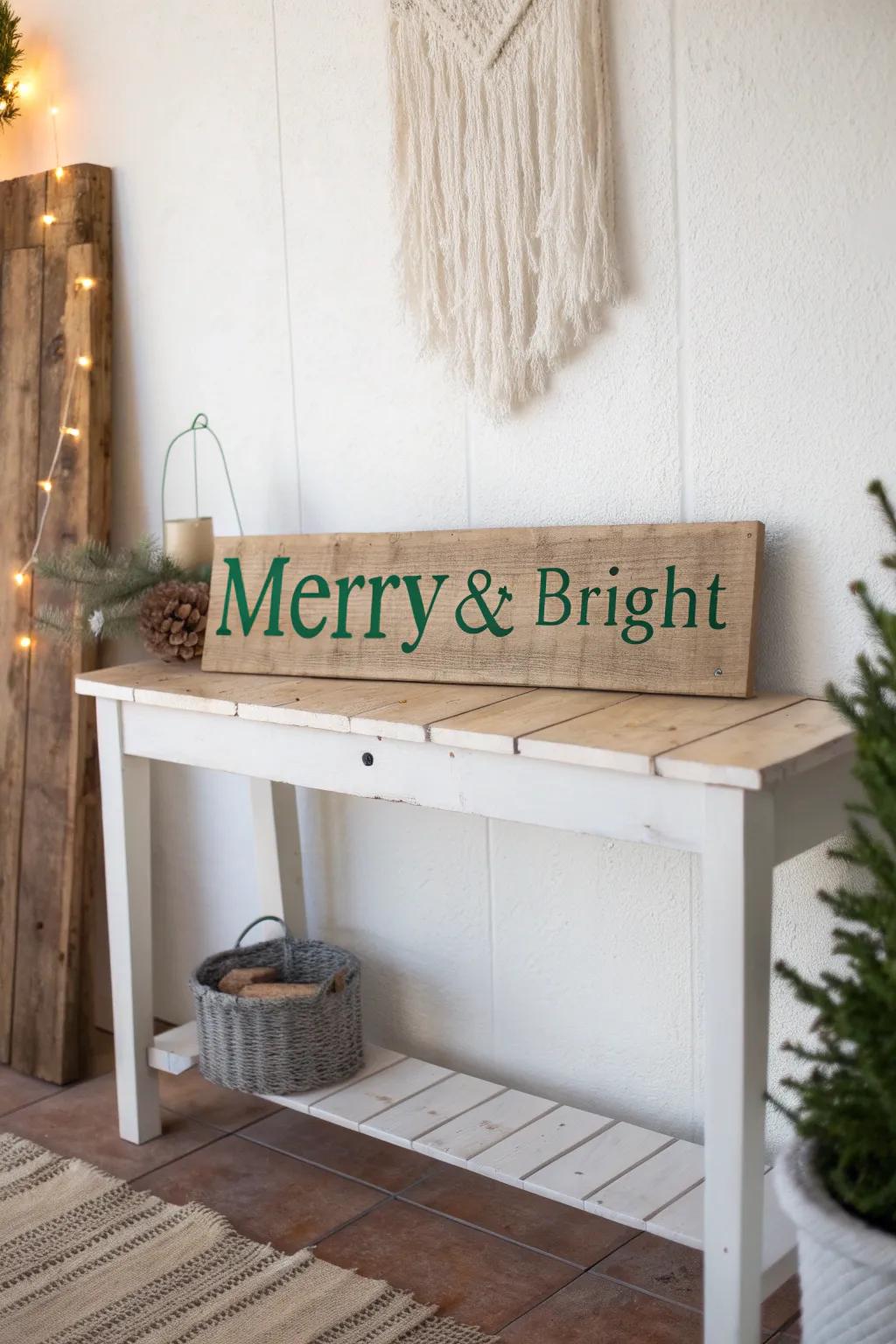 A reclaimed wood Christmas sign adds cozy, handcrafted drama to a minimalist entry table.