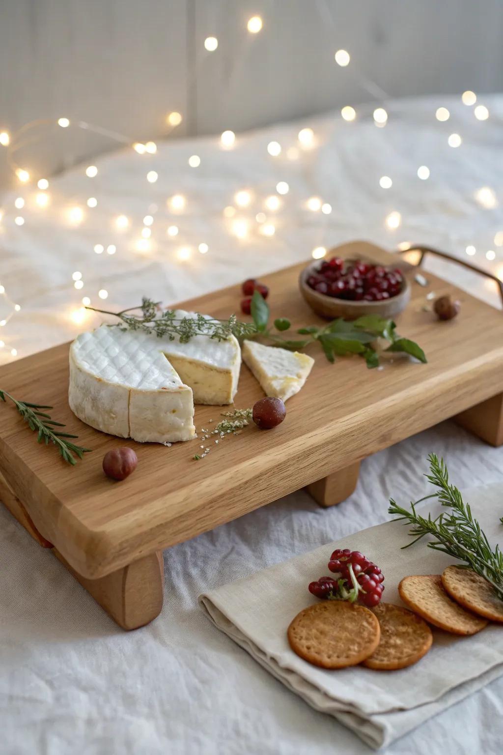 A glowing oak grazing board with hidden twinkle lights—minimal, magical Christmas hosting.
