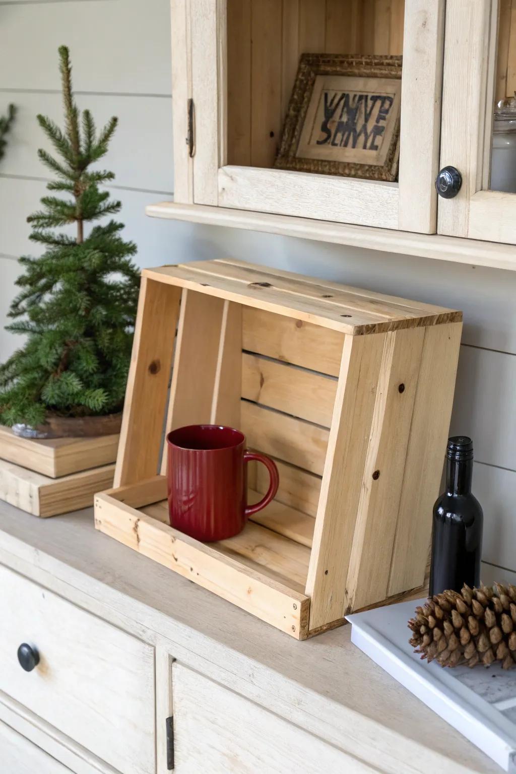 Flip a wooden crate into a chic hutch riser—instant height, cozy contrast, crafted charm.