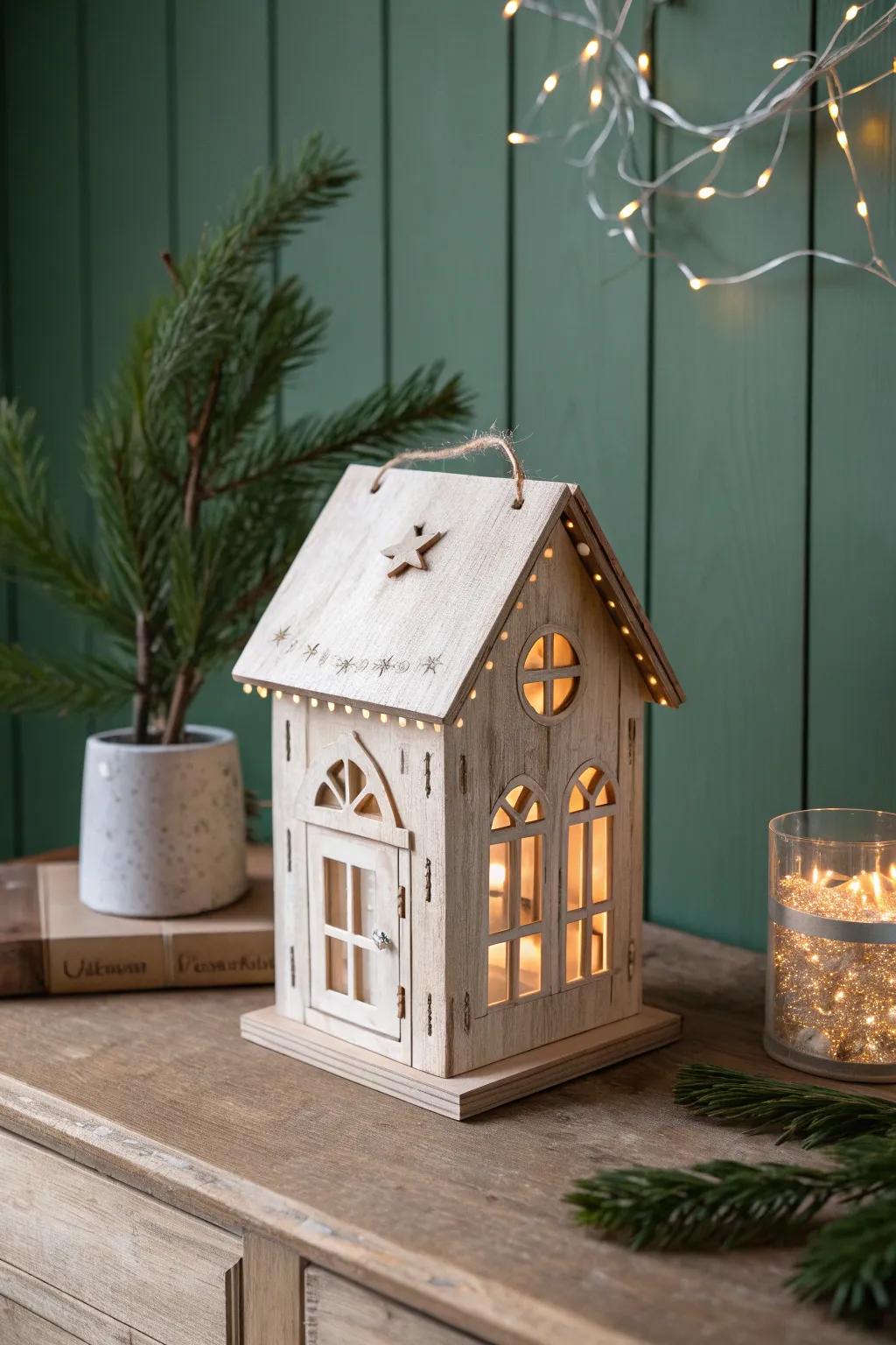 Build a glowing wooden Christmas house for your sideboard—tiny windows, warm light, cozy charm.