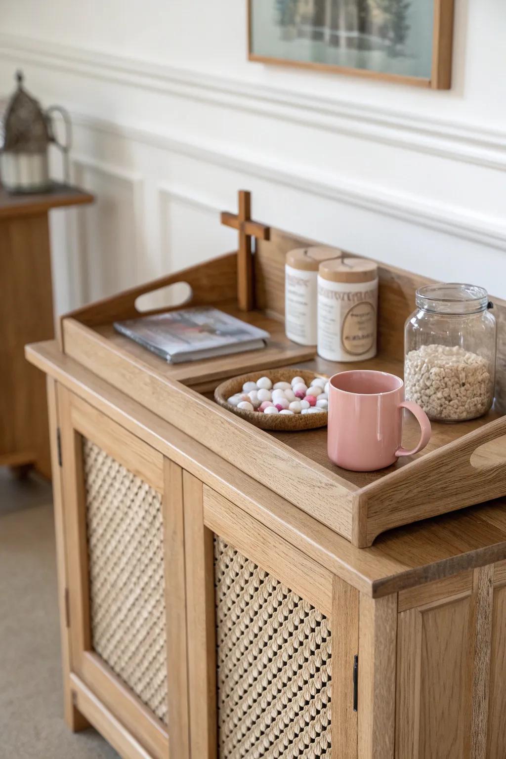 A kid-height cocoa station keeps little hands happy—hot water stays with the grown-ups.