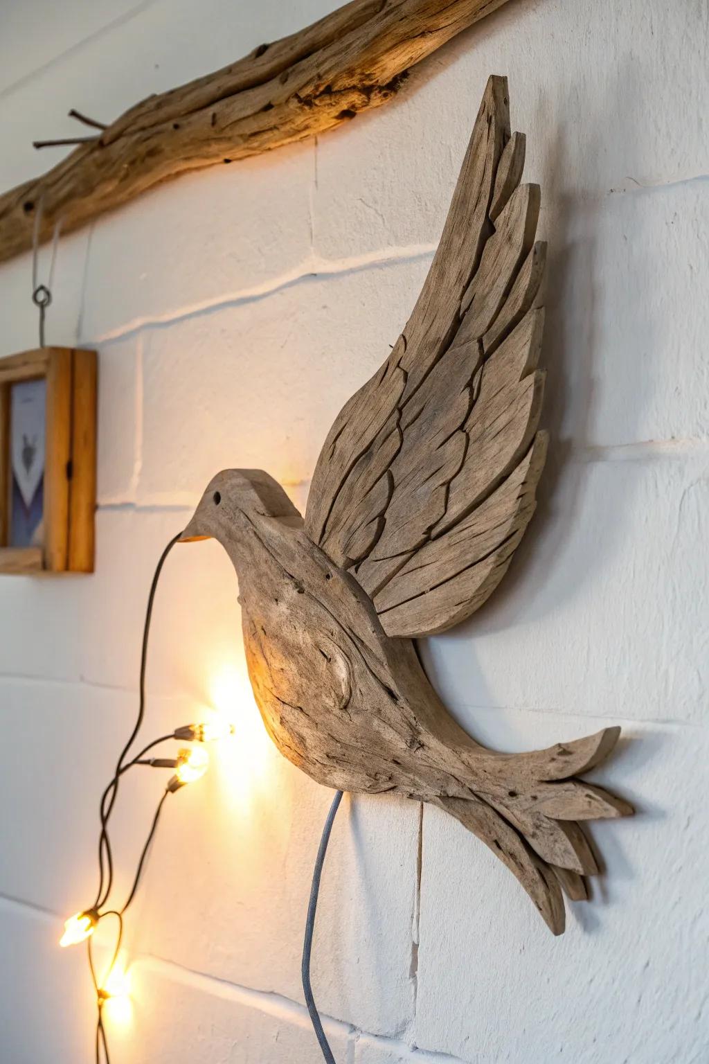 Driftwood dove wall light—simple, handcrafted, and softly glowing for peaceful church decor.