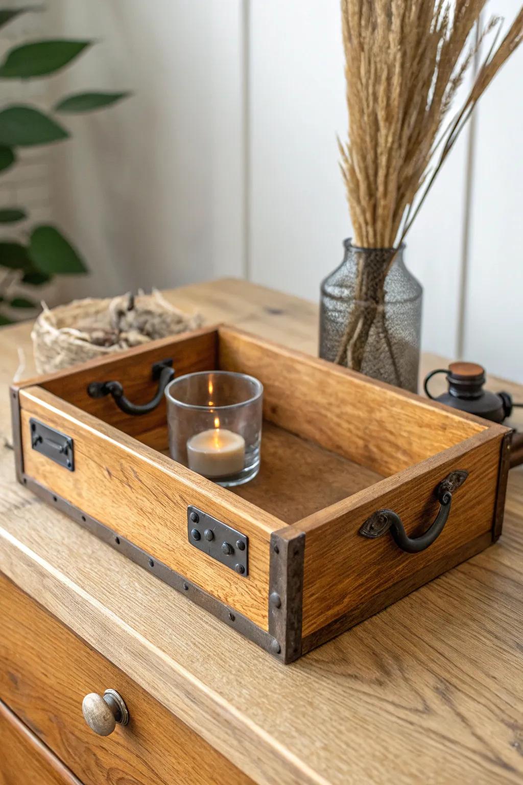 Turn a cigar box into a chic carry-tray centerpiece with bold metal handles and warm wood grain.