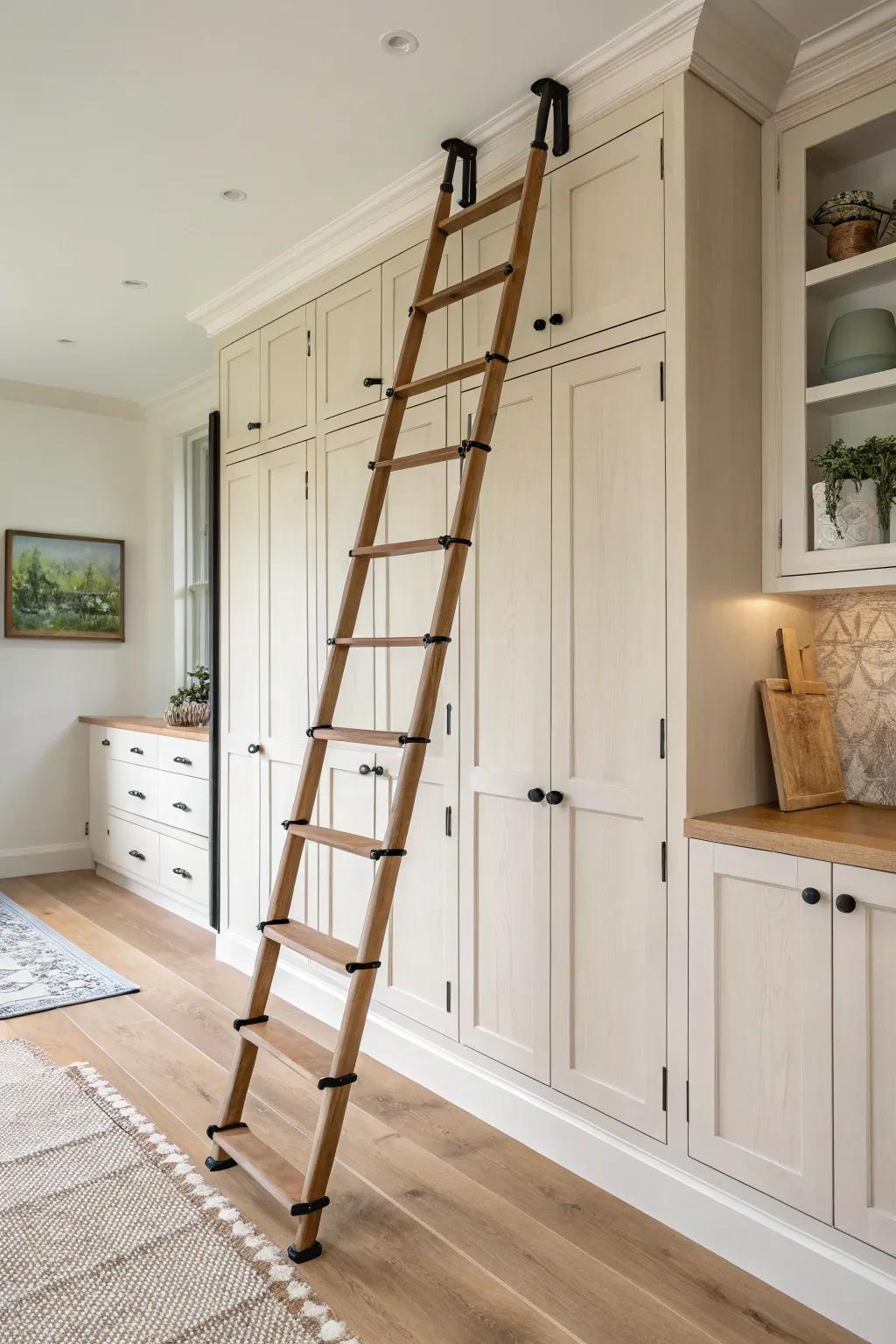 A classic kitchen showstopper: floor-to-ceiling cabinets paired with a rolling ladder.