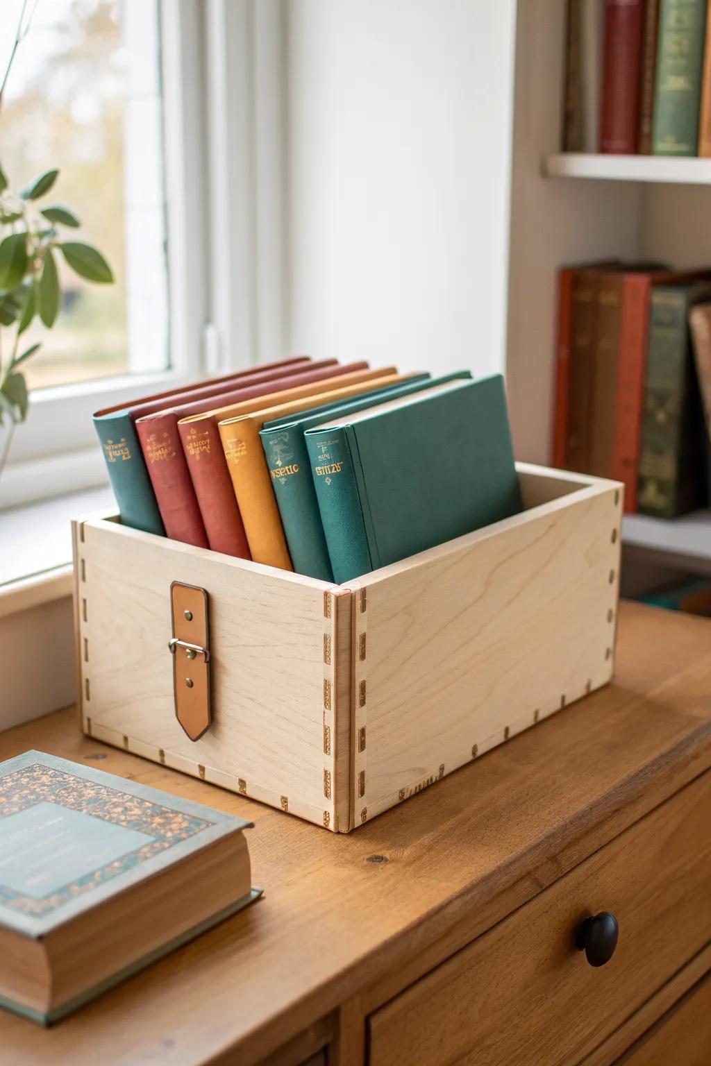 Handcrafted wooden student book box—keeps take-home reads tidy and classroom shelves calm.