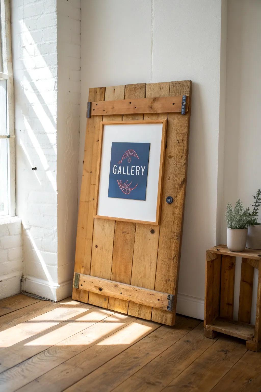 Reclaimed pallet-wood frame turns a classroom door into a rotating mini art gallery.