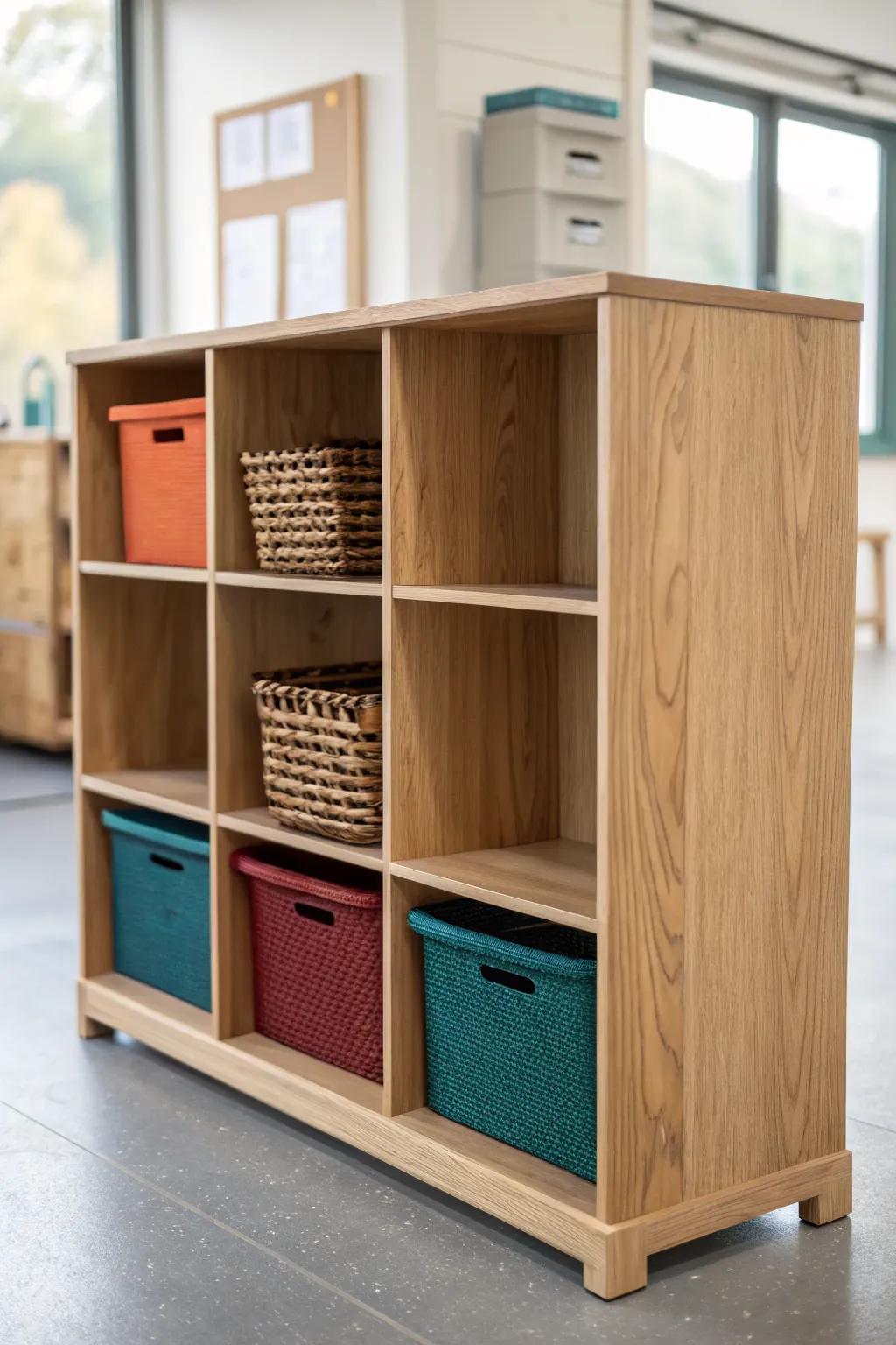 Half-height divider shelf for stations—double-sided storage that separates groups without blocking views.