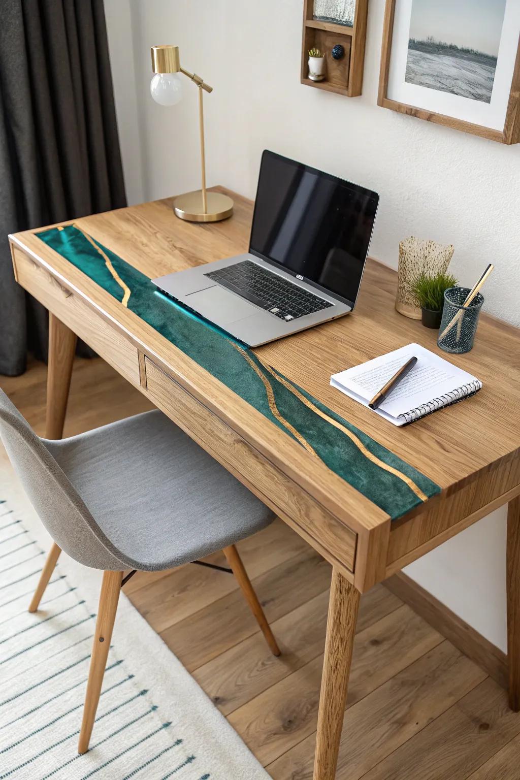A slim teal resin inlay turns a simple closet desk top into a bold, handcrafted wow moment.