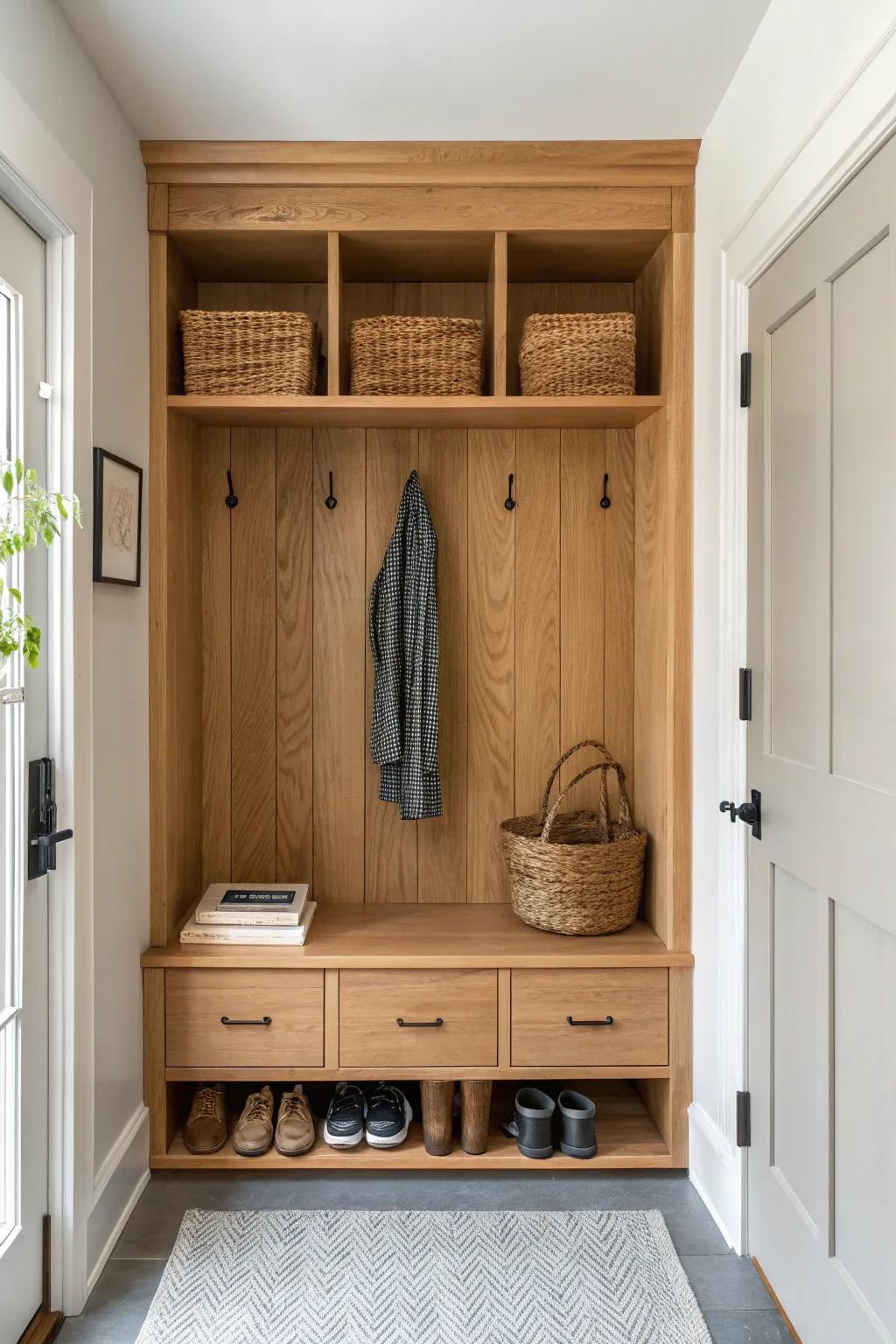 A tiny closet becomes a chic mini mudroom with oak cubbies, hooks, and a sleek bench ledge.