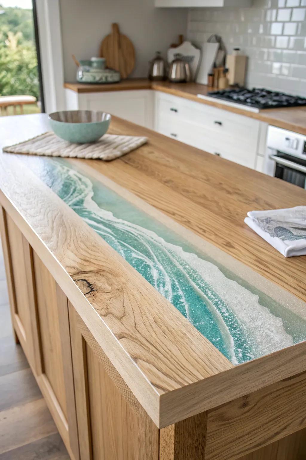 A sea-glass resin “tide line” inset that turns a simple oak island into coastal art.