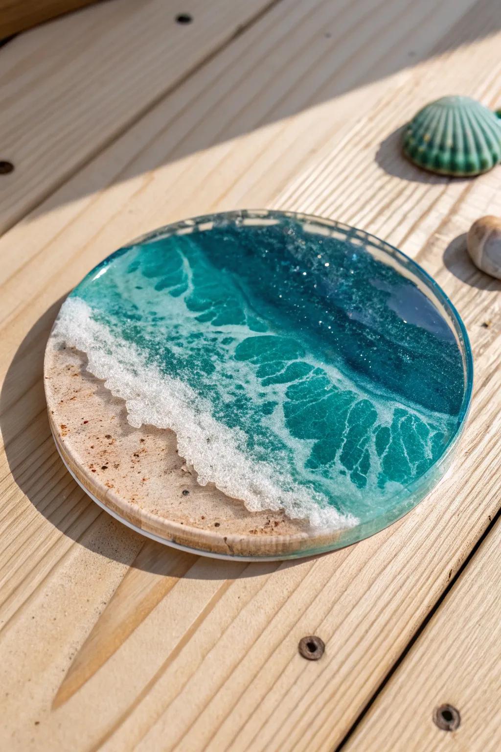 Sea-glass resin coaster with sand-kissed tones—coastal charm that protects your wood table.
